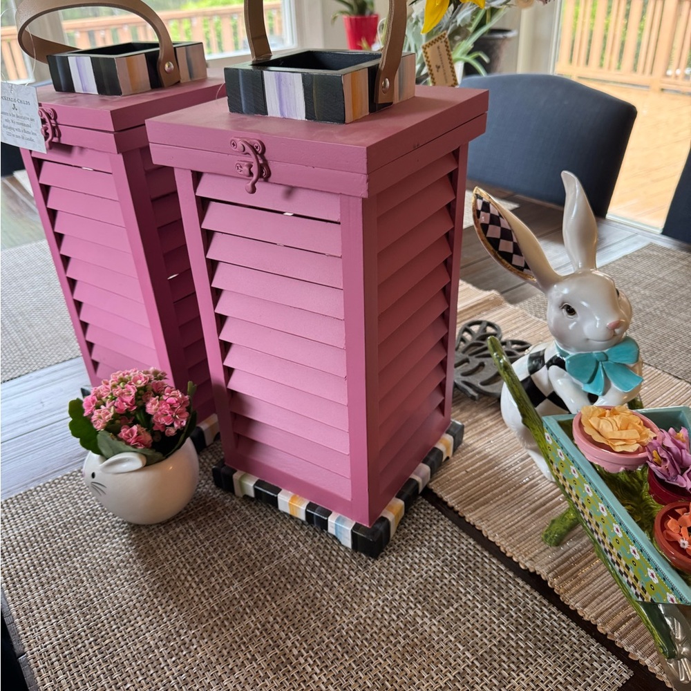 NWT  2 Mackenzie Childs Pink Wooden Lanterns w/ Courtly stripes selling together